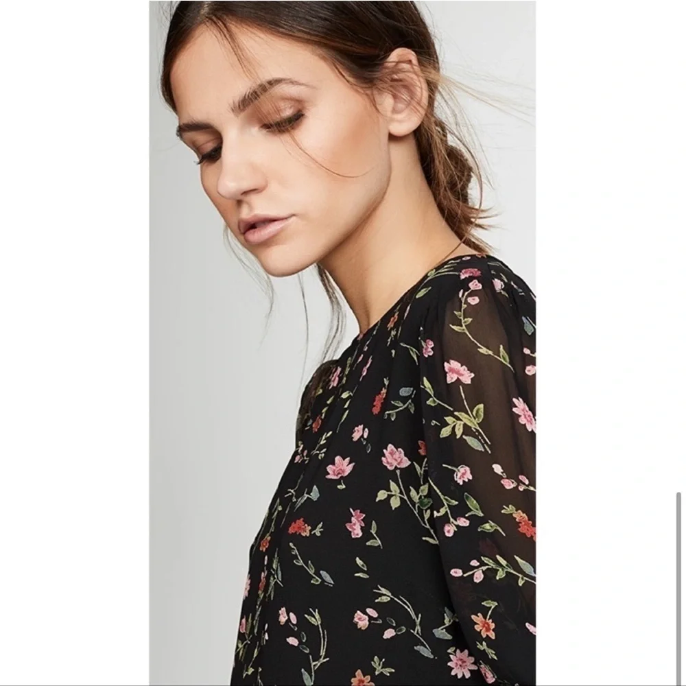Ganni Elm Georgette Mini Dress 40 Floral Black Pink 8 Chiffon Wedding Garden - Picture 2 of 10